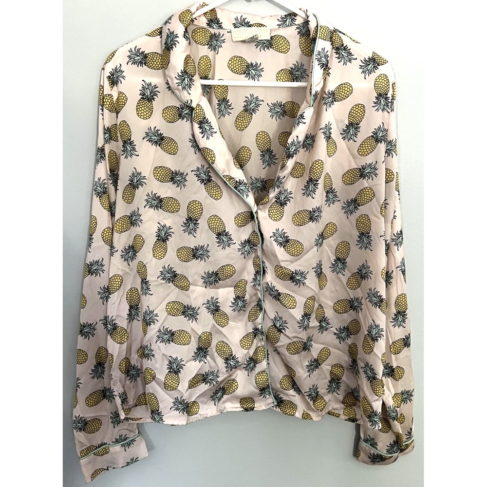 Forever 21 Plus Shirt Womens 0X Pink Pineapple Print Button Front Top Blouse
